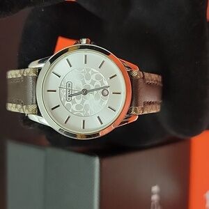 Coach Vintage Silver Watch with Dark Brown Leather and Signature C Canvas Strap